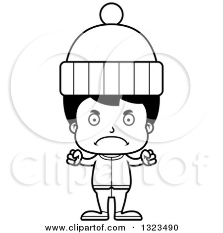 Lineart Clipart of a Cartoon Black and White Mad Hispanic Boy in Winter Clothes - Royalty Free Outline Vector Illustration by Cory Thoman