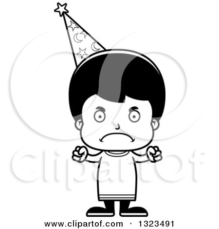 Lineart Clipart of a Cartoon Black and White Mad Hispanic Wizard Boy - Royalty Free Outline Vector Illustration by Cory Thoman