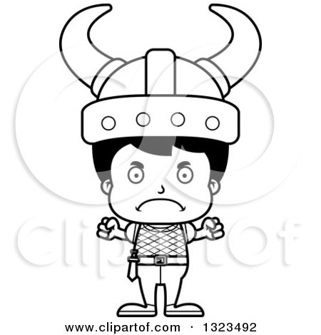 Lineart Clipart of a Cartoon Black and White Mad Hispanic Viking Boy - Royalty Free Outline Vector Illustration by Cory Thoman