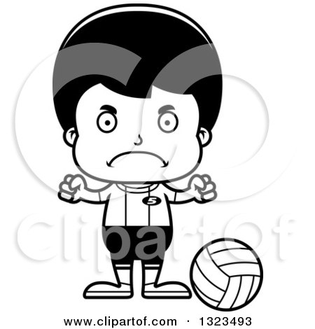 Lineart Clipart of a Cartoon Black and White Mad Hispanic Boy Volleyball Player - Royalty Free Outline Vector Illustration by Cory Thoman