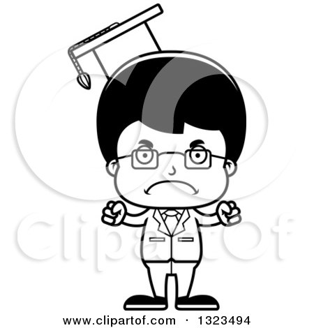 Lineart Clipart of a Cartoon Black and White Mad Hispanic Boy Professor - Royalty Free Outline Vector Illustration by Cory Thoman