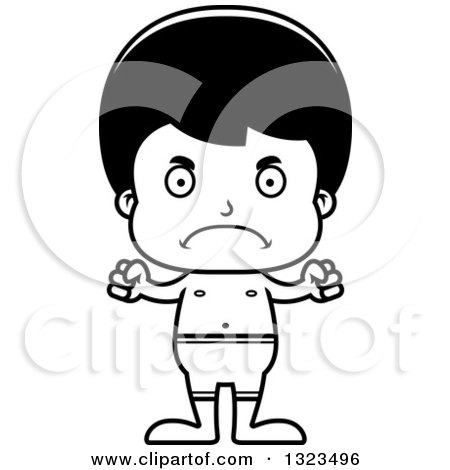 Lineart Clipart of a Cartoon Black and White Mad Hispanic Boy Swimmer - Royalty Free Outline Vector Illustration by Cory Thoman
