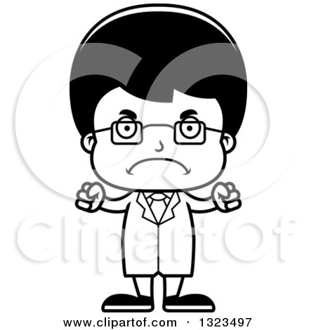 Lineart Clipart of a Cartoon Black and White Mad Hispanic Boy Scientist - Royalty Free Outline Vector Illustration by Cory Thoman