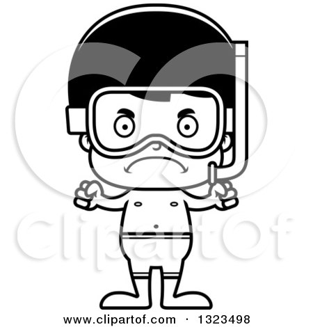 Lineart Clipart of a Cartoon Black and White Mad Hispanic Boy in Snorkel Gear - Royalty Free Outline Vector Illustration by Cory Thoman