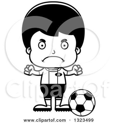 Lineart Clipart of a Cartoon Black and White Mad Hispanic Boy Soccer Player - Royalty Free Outline Vector Illustration by Cory Thoman