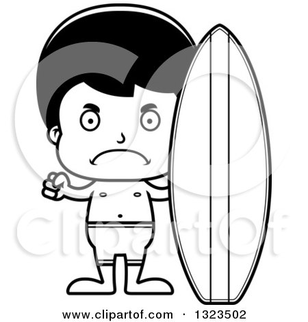 Lineart Clipart of a Cartoon Black and White Mad Hispanic Surfer Boy - Royalty Free Outline Vector Illustration by Cory Thoman