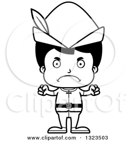Lineart Clipart of a Cartoon Black and White Mad Hispanic Boy Robin Hood - Royalty Free Outline Vector Illustration by Cory Thoman