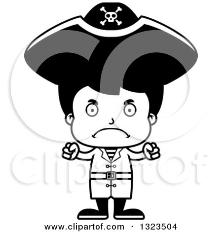 Lineart Clipart of a Cartoon Black and White Mad Hispanic Boy Pirate - Royalty Free Outline Vector Illustration by Cory Thoman