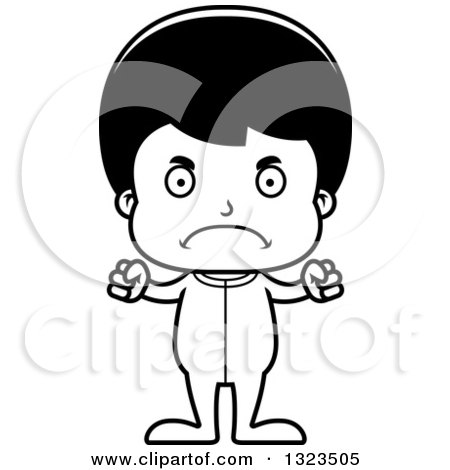 Lineart Clipart of a Cartoon Black and White Mad Hispanic Boy in Pajamas - Royalty Free Outline Vector Illustration by Cory Thoman