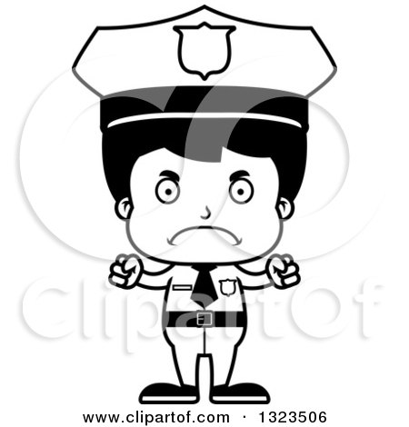 Lineart Clipart of a Cartoon Black and White Mad Hispanic Boy Police Officer - Royalty Free Outline Vector Illustration by Cory Thoman