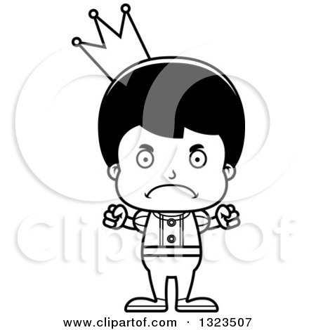 Lineart Clipart of a Cartoon Black and White Mad Hispanic Boy Prince - Royalty Free Outline Vector Illustration by Cory Thoman
