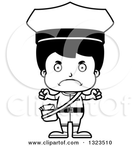 Lineart Clipart of a Cartoon Black and White Mad Hispanic Boy Mailman - Royalty Free Outline Vector Illustration by Cory Thoman