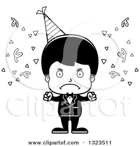 Lineart Clipart of a Cartoon Black and White Mad Hispanic Party Boy - Royalty Free Outline Vector Illustration by Cory Thoman