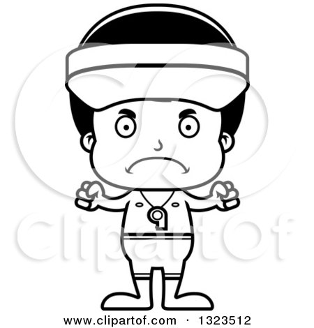 Lineart Clipart of a Cartoon Black and White Mad Hispanic Boy Lifeguard - Royalty Free Outline Vector Illustration by Cory Thoman