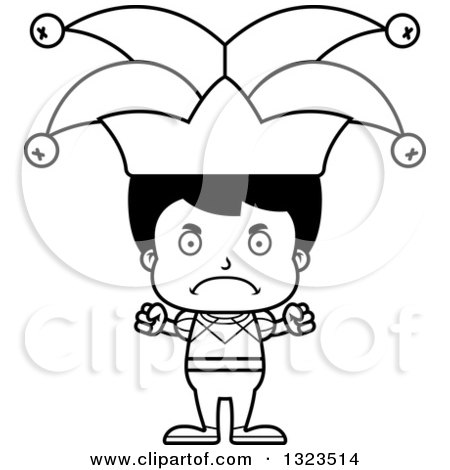 Lineart Clipart of a Cartoon Black and White Mad Hispanic Boy Jester - Royalty Free Outline Vector Illustration by Cory Thoman