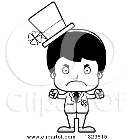 Lineart Clipart of a Cartoon Black and White Mad Hispanic Irish St Patricks Day Boy - Royalty Free Outline Vector Illustration by Cory Thoman