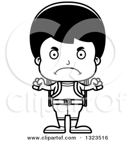 Lineart Clipart of a Cartoon Black and White Mad Hispanic Boy Hiker - Royalty Free Outline Vector Illustration by Cory Thoman