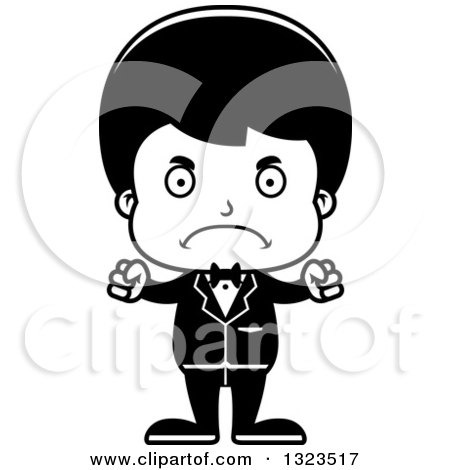Lineart Clipart of a Cartoon Black and White Mad Hispanic Boy Groom - Royalty Free Outline Vector Illustration by Cory Thoman