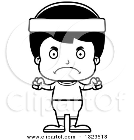 Lineart Clipart of a Cartoon Black and White Mad Hispanic Fitness Boy - Royalty Free Outline Vector Illustration by Cory Thoman