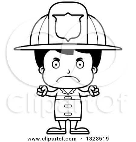 Lineart Clipart of a Cartoon Black and White Mad Hispanic Boy Firefighter - Royalty Free Outline Vector Illustration by Cory Thoman