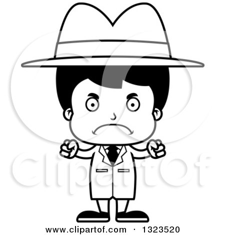 Lineart Clipart of a Cartoon Black and White Mad Hispanic Boy Detective - Royalty Free Outline Vector Illustration by Cory Thoman