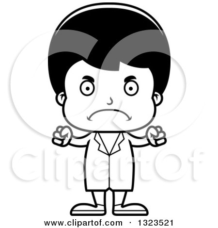 Lineart Clipart of a Cartoon Black and White Mad Hispanic Boy Doctor - Royalty Free Outline Vector Illustration by Cory Thoman