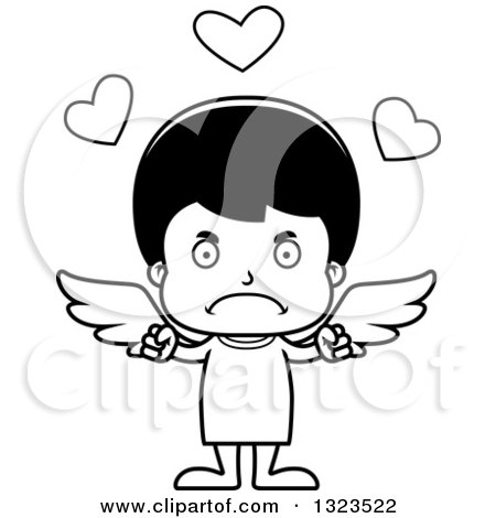 Lineart Clipart of a Cartoon Black and White Mad Hispanic Cupid Boy - Royalty Free Outline Vector Illustration by Cory Thoman