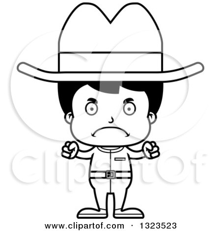 Lineart Clipart of a Cartoon Black and White Mad Hispanic Cowboy - Royalty Free Outline Vector Illustration by Cory Thoman