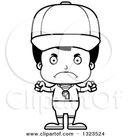 Lineart Clipart of a Cartoon Black and White Mad Hispanic Boy Sports Coach - Royalty Free Outline Vector Illustration by Cory Thoman