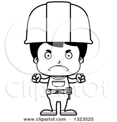 Lineart Clipart of a Cartoon Black and White Mad Hispanic Boy Construction Worker - Royalty Free Outline Vector Illustration by Cory Thoman
