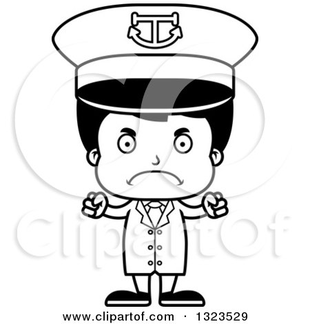 Lineart Clipart of a Cartoon Black and White Mad Hispanic Boy Captain - Royalty Free Outline Vector Illustration by Cory Thoman