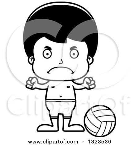 Lineart Clipart of a Cartoon Black and White Mad Hispanic Boy Beach Volleyball Player - Royalty Free Outline Vector Illustration by Cory Thoman