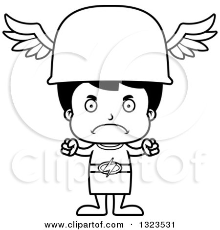 Lineart Clipart of a Cartoon Black and White Mad Hispanic Hermes Boy - Royalty Free Outline Vector Illustration by Cory Thoman