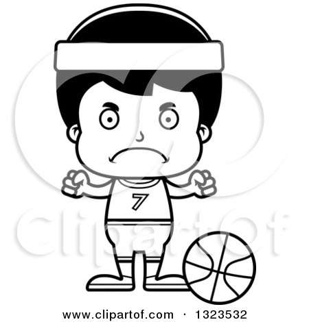 Lineart Clipart of a Cartoon Black and White Mad Hispanic Boy Basketball Player - Royalty Free Outline Vector Illustration by Cory Thoman
