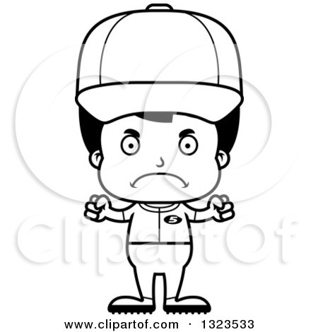 Lineart Clipart of a Cartoon Black and White Mad Hispanic Boy Baseball Player - Royalty Free Outline Vector Illustration by Cory Thoman