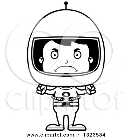 Lineart Clipart of a Cartoon Black and White Mad Hispanic Boy Astronaut - Royalty Free Outline Vector Illustration by Cory Thoman