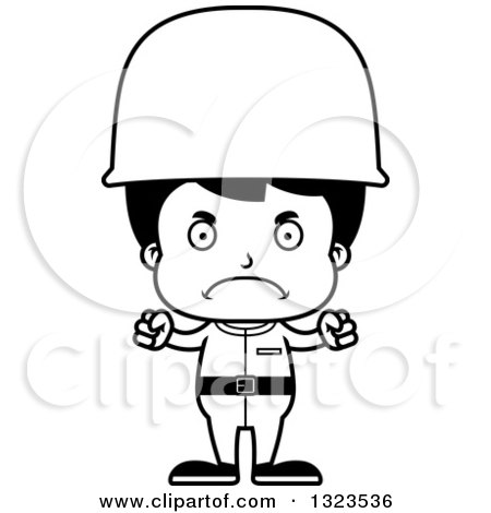 Lineart Clipart of a Cartoon Black and White Mad Hispanic Boy Soldier - Royalty Free Outline Vector Illustration by Cory Thoman