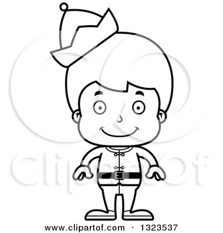 Lineart Clipart of a Cartoon Black and White Happy Christmas Elf Boy - Royalty Free Outline Vector Illustration by Cory Thoman