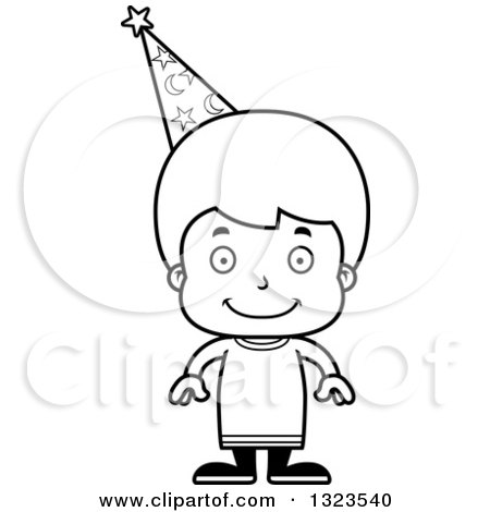 Lineart Clipart of a Cartoon Black and White Happy Boy Wizard - Royalty Free Outline Vector Illustration by Cory Thoman