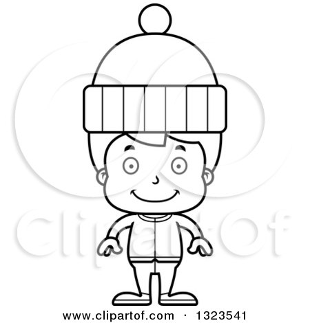Lineart Clipart of a Cartoon Black and White Happy Boy in Winter Clothes - Royalty Free Outline Vector Illustration by Cory Thoman