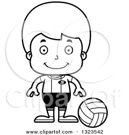 Lineart Clipart of a Cartoon Black and White Happy Boy Volleyball Player - Royalty Free Outline Vector Illustration by Cory Thoman