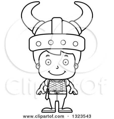 Lineart Clipart of a Cartoon Black and White Happy Boy Viking - Royalty Free Outline Vector Illustration by Cory Thoman