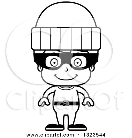Lineart Clipart of a Cartoon Black and White Happy Boy Robber - Royalty Free Outline Vector Illustration by Cory Thoman