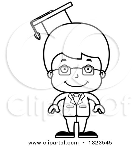 Lineart Clipart of a Cartoon Black and White Happy Boy Professor - Royalty Free Outline Vector Illustration by Cory Thoman