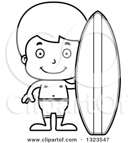 Lineart Clipart of a Cartoon Black and White Happy Surfer Boy - Royalty Free Outline Vector Illustration by Cory Thoman