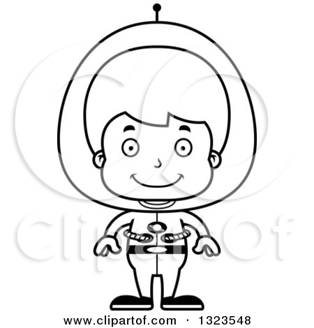 Lineart Clipart of a Cartoon Black and White Happy Futuristic Space Boy - Royalty Free Outline Vector Illustration by Cory Thoman