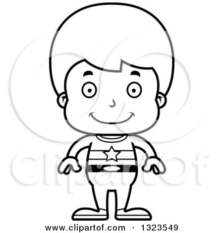 Lineart Clipart of a Cartoon Black and White Happy Boy Super Hero - Royalty Free Outline Vector Illustration by Cory Thoman