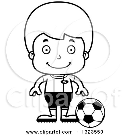 Lineart Clipart of a Cartoon Black and White Happy Boy Soccer Player - Royalty Free Outline Vector Illustration by Cory Thoman