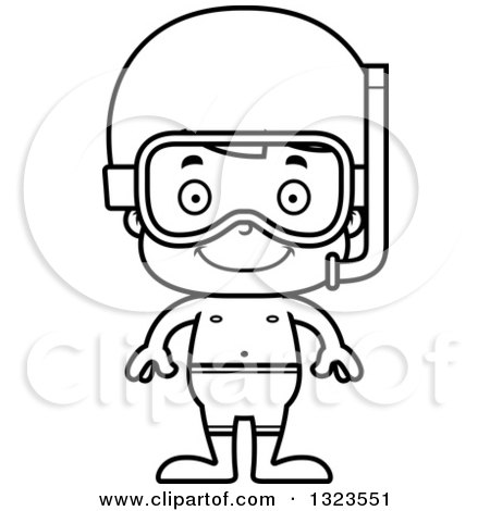 Lineart Clipart of a Cartoon Black and White Happy Boy in Snorkel Gear - Royalty Free Outline Vector Illustration by Cory Thoman