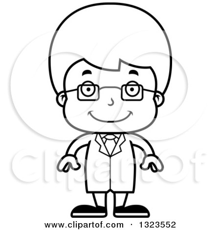Lineart Clipart of a Cartoon Black and White Happy Boy Scientist - Royalty Free Outline Vector Illustration by Cory Thoman
